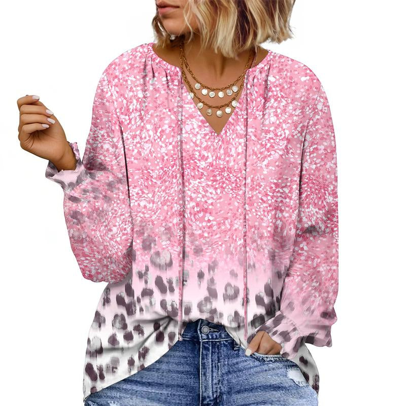 Eytino plus Size Tops for Women V Neck Long Sleeve Drawstring Floral Boho Print Blouse Shirts Vacation Outfits(1X-5X)