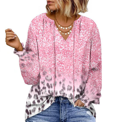 Eytino plus Size Tops for Women V Neck Long Sleeve Drawstring Floral Boho Print Blouse Shirts Vacation Outfits(1X-5X)