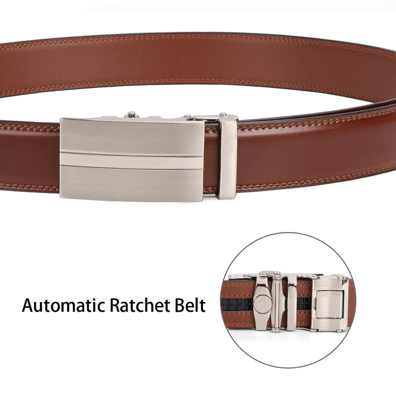 1/2-Pack Men Ratchet Genuine Leather Belt with Automatic Alloy Buckle Easy Adjustable Men Belt for Suit Pants