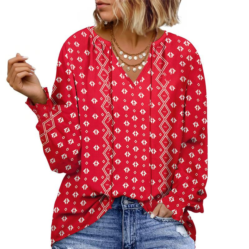 Eytino plus Size Tops for Women V Neck Long Sleeve Drawstring Floral Boho Print Blouse Shirts Vacation Outfits(1X-5X)