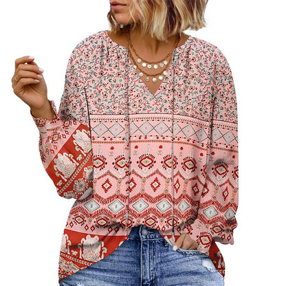 Eytino plus Size Tops for Women V Neck Long Sleeve Drawstring Floral Boho Print Blouse Shirts Vacation Outfits(1X-5X)