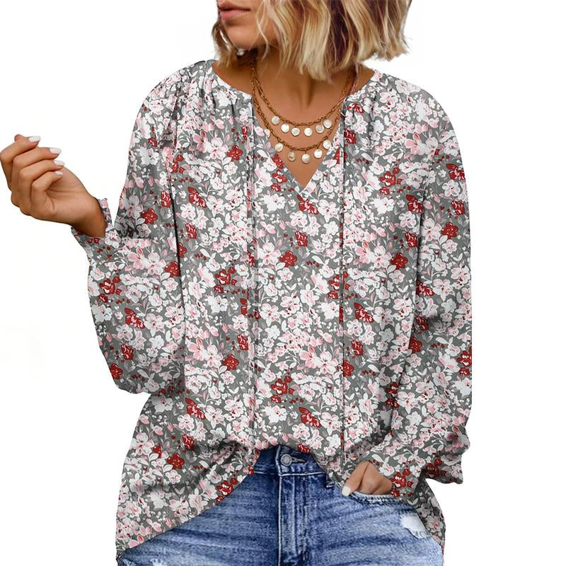 Eytino plus Size Tops for Women V Neck Long Sleeve Drawstring Floral Boho Print Blouse Shirts Vacation Outfits(1X-5X)