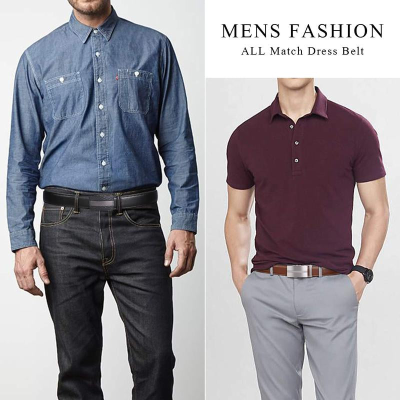 1/2-Pack Men Ratchet Genuine Leather Belt with Automatic Alloy Buckle Easy Adjustable Men Belt for Suit Pants