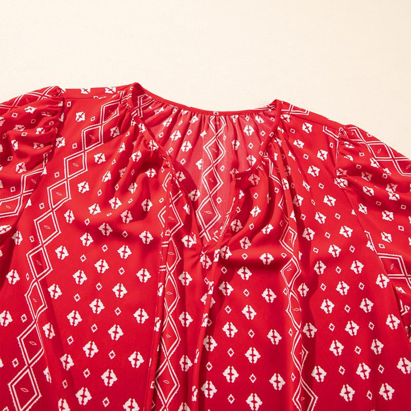 Eytino plus Size Tops for Women V Neck Long Sleeve Drawstring Floral Boho Print Blouse Shirts Vacation Outfits(1X-5X)