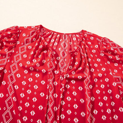 Eytino plus Size Tops for Women V Neck Long Sleeve Drawstring Floral Boho Print Blouse Shirts Vacation Outfits(1X-5X)