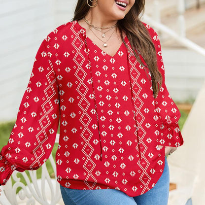 Eytino plus Size Tops for Women V Neck Long Sleeve Drawstring Floral Boho Print Blouse Shirts Vacation Outfits(1X-5X)