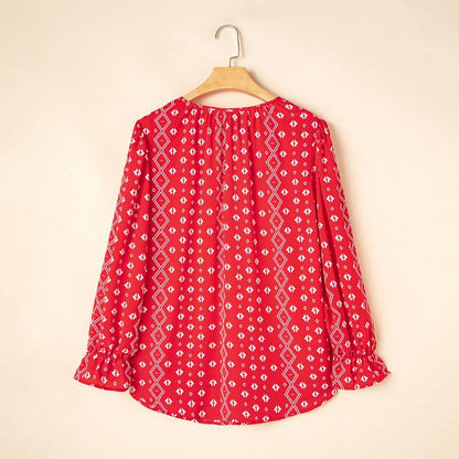 Eytino plus Size Tops for Women V Neck Long Sleeve Drawstring Floral Boho Print Blouse Shirts Vacation Outfits(1X-5X)