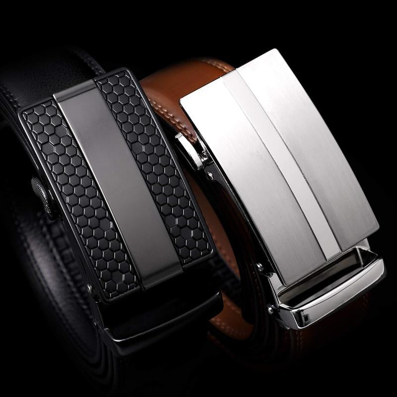 1/2-Pack Men Ratchet Genuine Leather Belt with Automatic Alloy Buckle Easy Adjustable Men Belt for Suit Pants