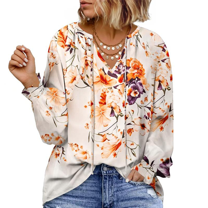Eytino plus Size Tops for Women V Neck Long Sleeve Drawstring Floral Boho Print Blouse Shirts Vacation Outfits(1X-5X)