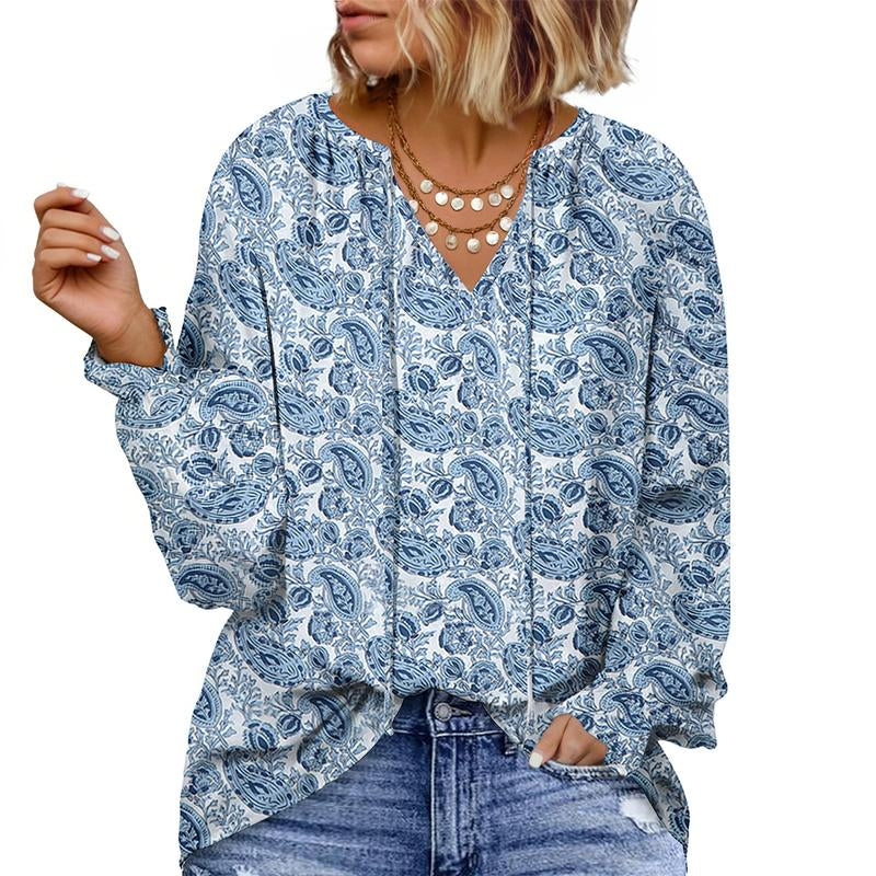 Eytino plus Size Tops for Women V Neck Long Sleeve Drawstring Floral Boho Print Blouse Shirts Vacation Outfits(1X-5X)