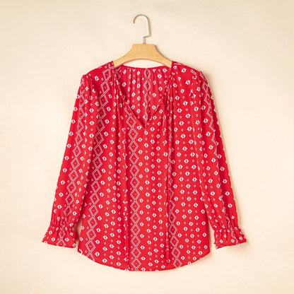 Eytino plus Size Tops for Women V Neck Long Sleeve Drawstring Floral Boho Print Blouse Shirts Vacation Outfits(1X-5X)