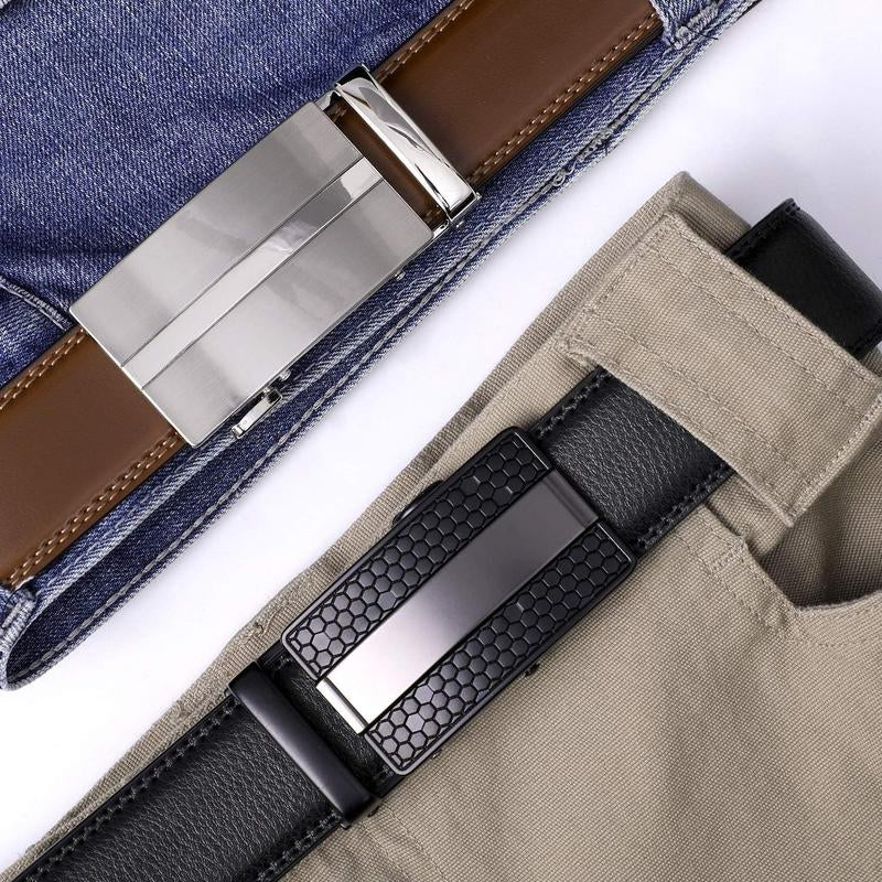 1/2-Pack Men Ratchet Genuine Leather Belt with Automatic Alloy Buckle Easy Adjustable Men Belt for Suit Pants
