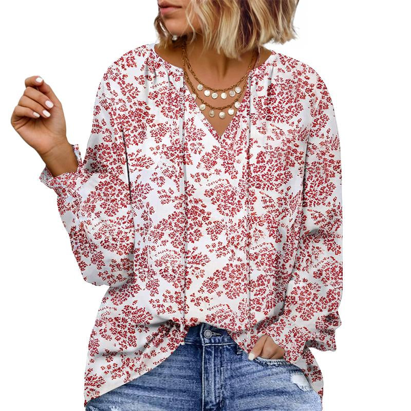 Eytino plus Size Tops for Women V Neck Long Sleeve Drawstring Floral Boho Print Blouse Shirts Vacation Outfits(1X-5X)