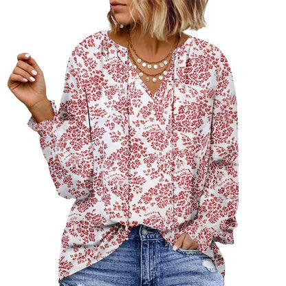 Eytino plus Size Tops for Women V Neck Long Sleeve Drawstring Floral Boho Print Blouse Shirts Vacation Outfits(1X-5X)
