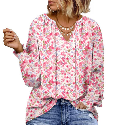 Eytino plus Size Tops for Women V Neck Long Sleeve Drawstring Floral Boho Print Blouse Shirts Vacation Outfits(1X-5X)