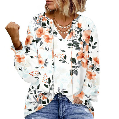Eytino plus Size Tops for Women V Neck Long Sleeve Drawstring Floral Boho Print Blouse Shirts Vacation Outfits(1X-5X)