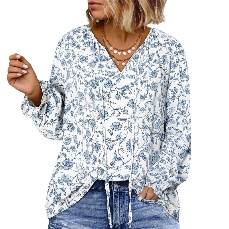 Eytino plus Size Tops for Women V Neck Long Sleeve Drawstring Floral Boho Print Blouse Shirts Vacation Outfits(1X-5X)