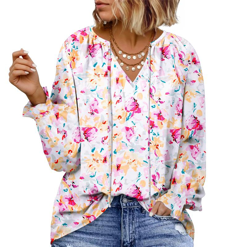 Eytino plus Size Tops for Women V Neck Long Sleeve Drawstring Floral Boho Print Blouse Shirts Vacation Outfits(1X-5X)