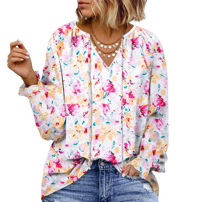 Eytino plus Size Tops for Women V Neck Long Sleeve Drawstring Floral Boho Print Blouse Shirts Vacation Outfits(1X-5X)