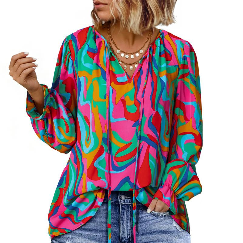 Eytino plus Size Tops for Women V Neck Long Sleeve Drawstring Floral Boho Print Blouse Shirts Vacation Outfits(1X-5X)