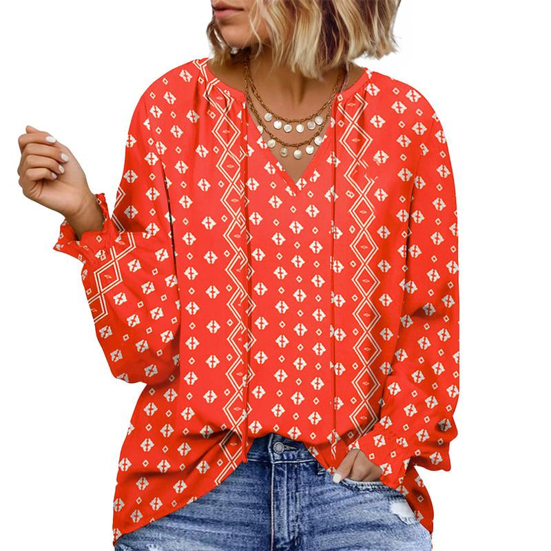 Eytino plus Size Tops for Women V Neck Long Sleeve Drawstring Floral Boho Print Blouse Shirts Vacation Outfits(1X-5X)