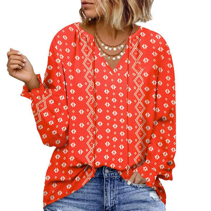 Eytino plus Size Tops for Women V Neck Long Sleeve Drawstring Floral Boho Print Blouse Shirts Vacation Outfits(1X-5X)