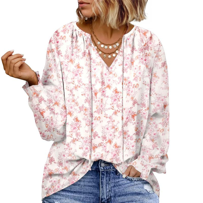 Eytino plus Size Tops for Women V Neck Long Sleeve Drawstring Floral Boho Print Blouse Shirts Vacation Outfits(1X-5X)