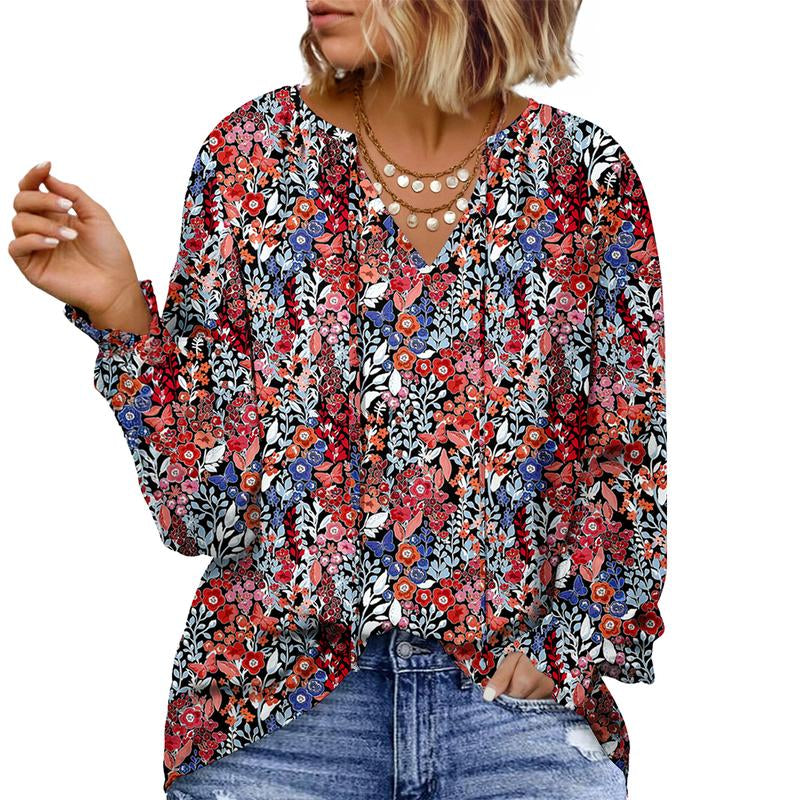 Eytino plus Size Tops for Women V Neck Long Sleeve Drawstring Floral Boho Print Blouse Shirts Vacation Outfits(1X-5X)