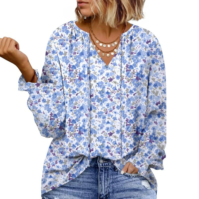 Eytino plus Size Tops for Women V Neck Long Sleeve Drawstring Floral Boho Print Blouse Shirts Vacation Outfits(1X-5X)