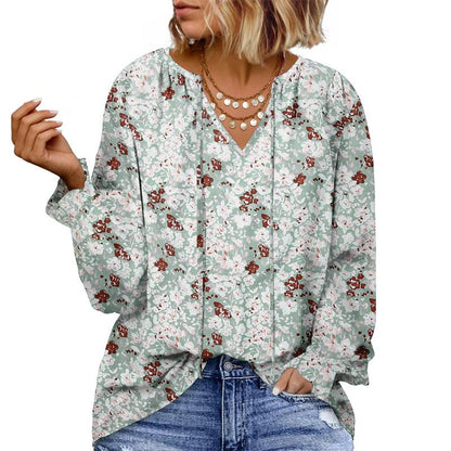 Eytino plus Size Tops for Women V Neck Long Sleeve Drawstring Floral Boho Print Blouse Shirts Vacation Outfits(1X-5X)