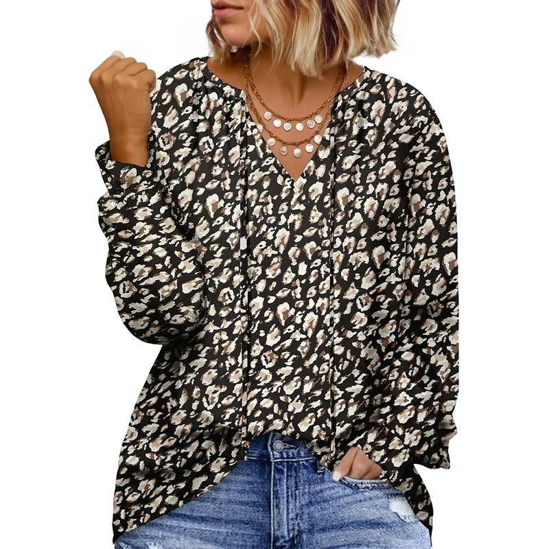 Eytino plus Size Tops for Women V Neck Long Sleeve Drawstring Floral Boho Print Blouse Shirts Vacation Outfits(1X-5X)