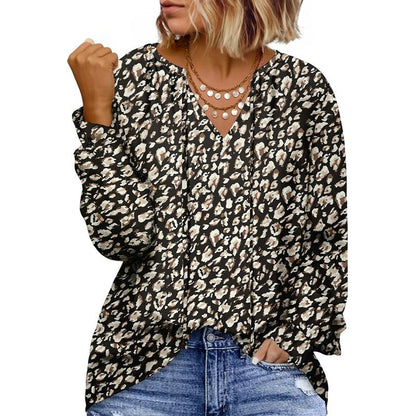 Eytino plus Size Tops for Women V Neck Long Sleeve Drawstring Floral Boho Print Blouse Shirts Vacation Outfits(1X-5X)